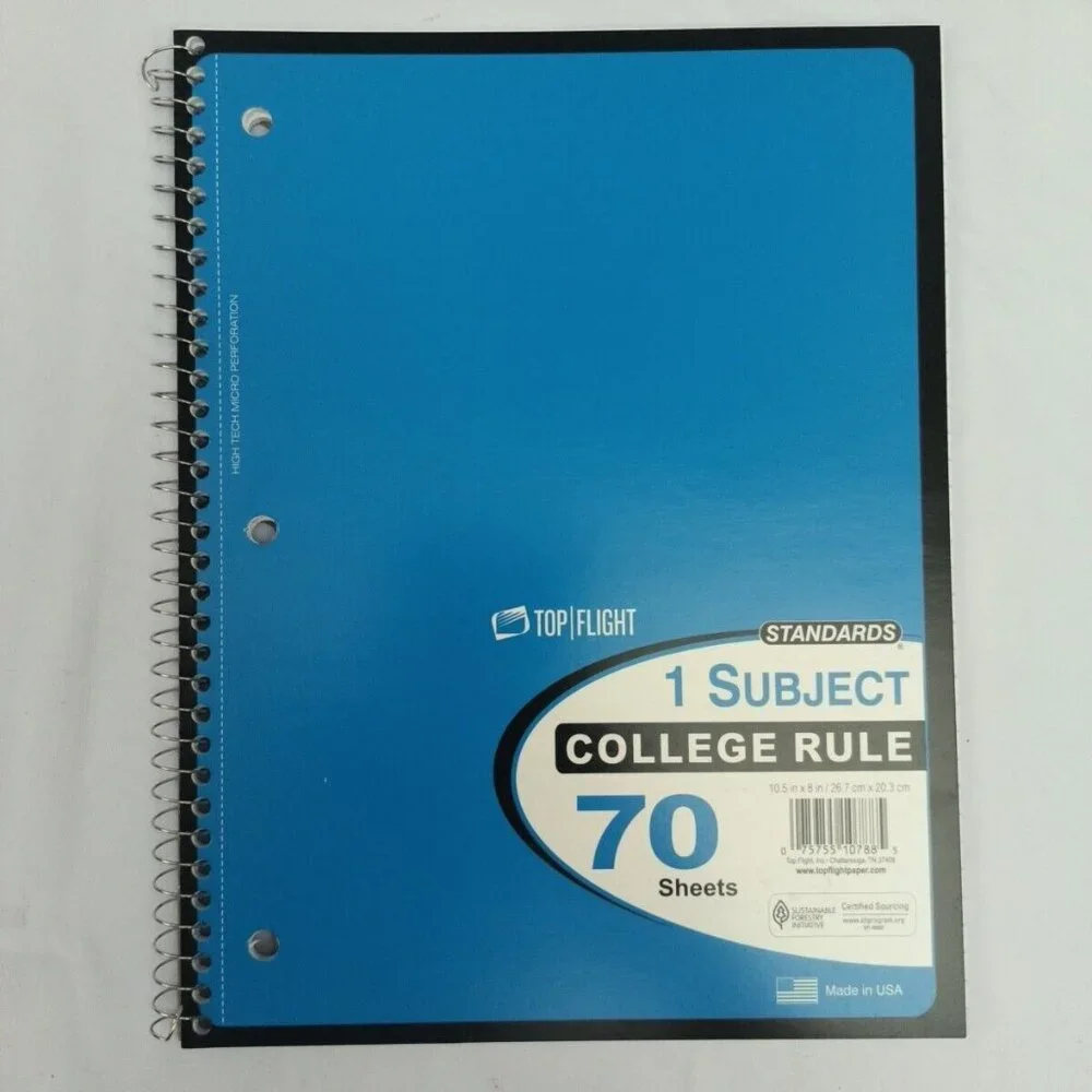 5 Pack Top Flight Spiral Notebook COLLEGE 1 Subject 70 Sheets Assorted Colors